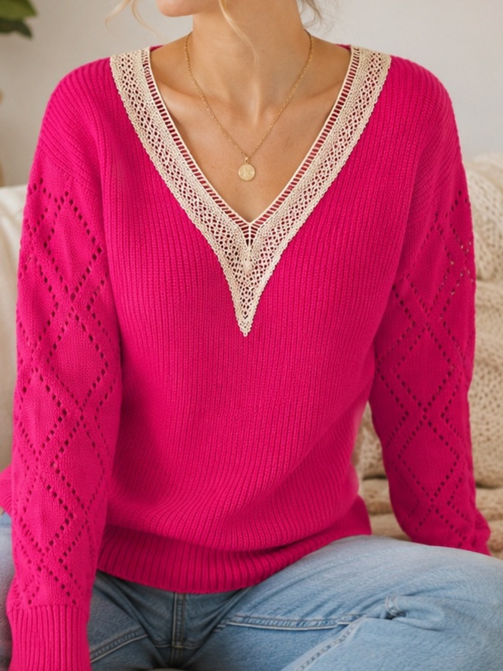 New Charming Charlie Women’s Openwork V-Neck Long Sleeve Sweater Size XL